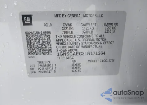 2020 Chevrolet Tahoe 2Wd Ls z USA, uszkodzony, nr VIN 1GNSCAEC2LR171364